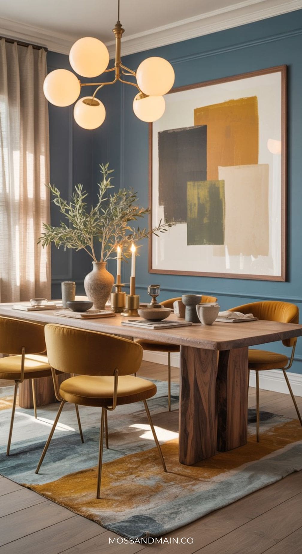 A modern dining room featuring a Blue Mustard Palette with a wooden table, mustard yellow chairs, lit candles, vases with greenery, abstract wall art, a gold chandelier, blue walls, and natural light through sheer curtains.
