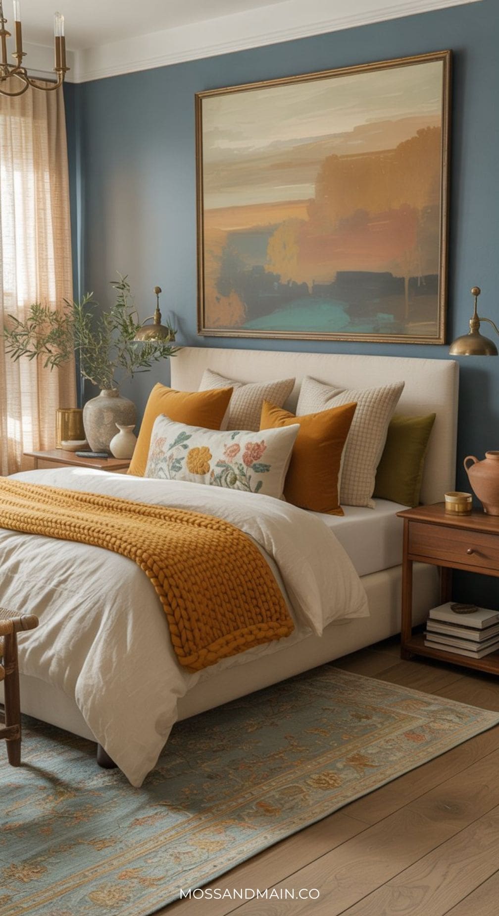 A cozy bedroom with a white bed, blue and mustard throw blanket, floral and yellow pillows, wooden nightstand, large landscape painting, and leafy plant—all in a warm mustard color palette with natural light.