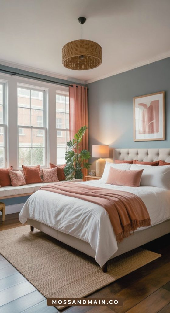 A cozy bedroom with a bed featuring white and rust terracotta bedding, a tufted headboard, large windows with pink curtains, a sitting nook, plants, and a woven pendant light creates a warm, inviting atmosphere.