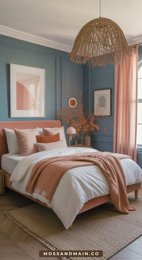 A cozy bedroom with blue walls, a woven light fixture, peach and white bedding, pink curtains, and dried floral decor on a side table. Natural light streams in from an arched window, highlighting terracotta accents in the bedroom decor.