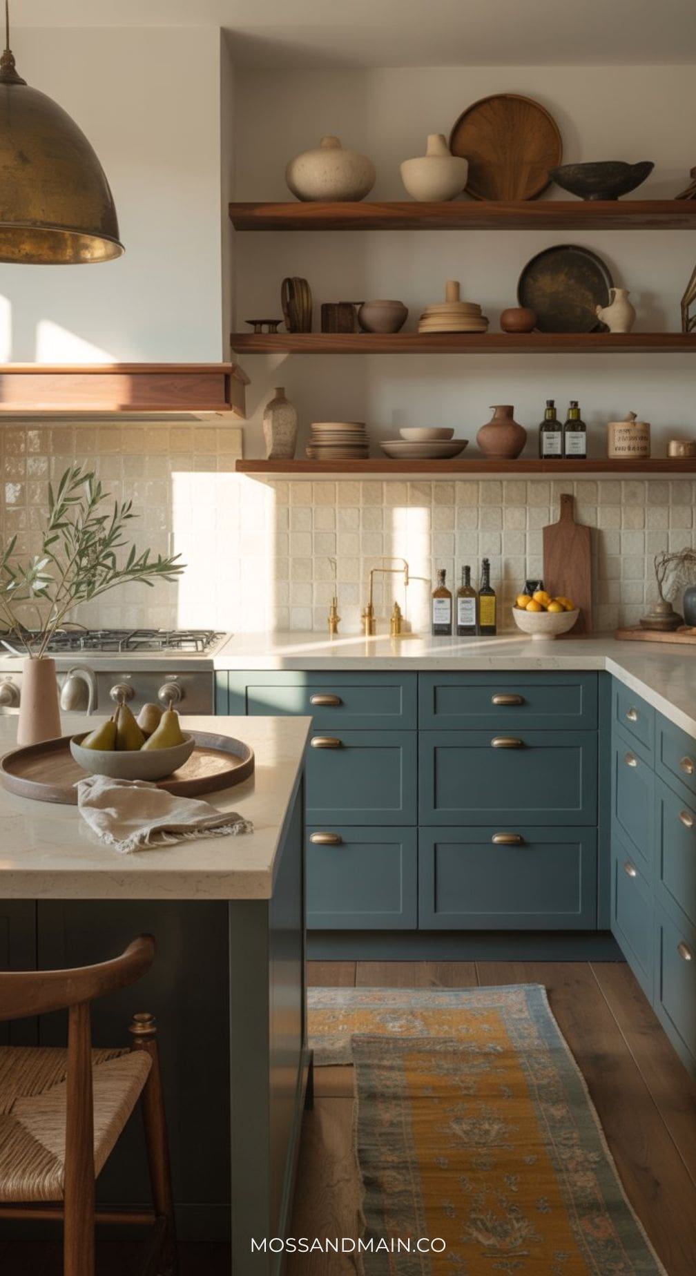 A cozy kitchen with teal cabinets, brass hardware, and open wooden shelves displays dishes in a blue and mustard palette. Natural light brightens the space, highlighting olive oil bottles and a bowl of lemons on the counter.