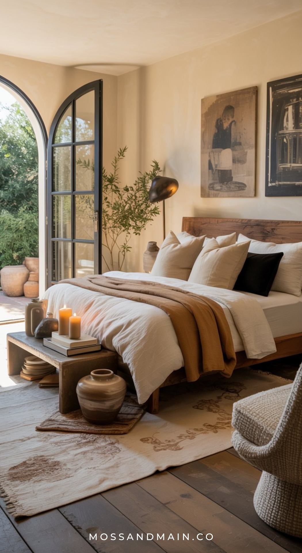 A cozy luxe bedroom with neutral tones features a wooden bed, layered bedding, candles, potted plants, and large arched doors opening to a sunny garden. Framed art hangs above the bed. Text at the bottom reads mossandmain.co.