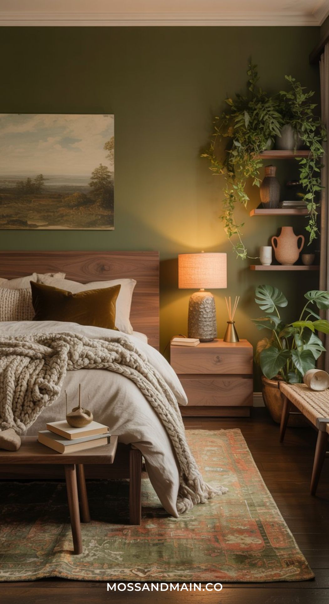 A cozy green boho bedroom with wooden furniture, textured blankets on the bed, a nightstand with a lamp, shelves of plants and decor, and a landscape painting. A rug, bench, and books add warmth. Mossandmain.co watermark at bottom.