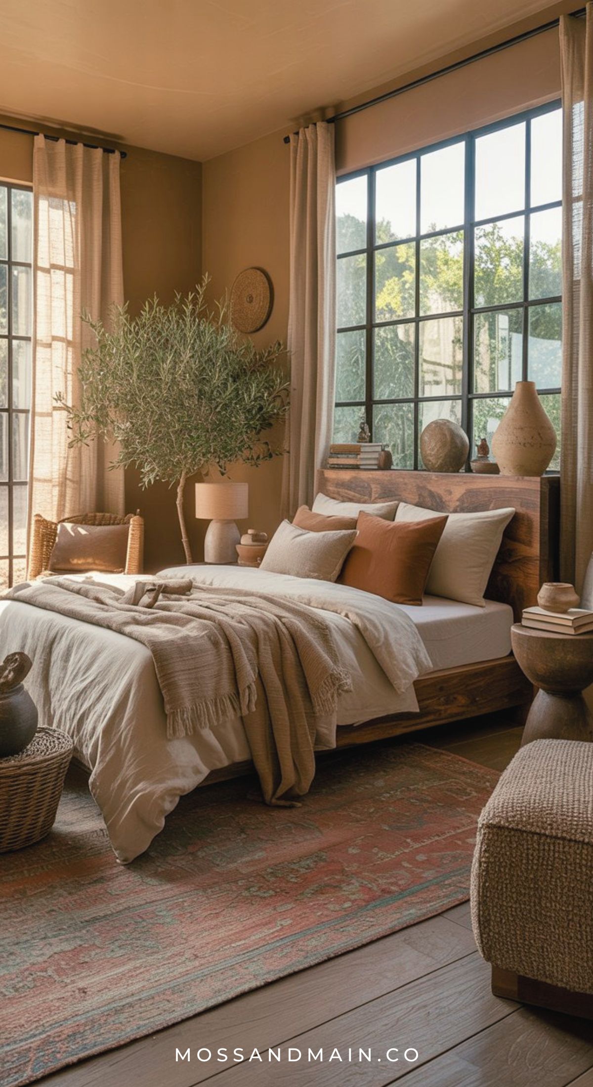 A cozy bedroom with large windows, a wooden bed, neutral bedding, and decorative pillows offers earthy bedroom charm. An olive tree, woven baskets, pottery, and soft beige curtains welcome sunlight for a warm, inviting atmosphere.