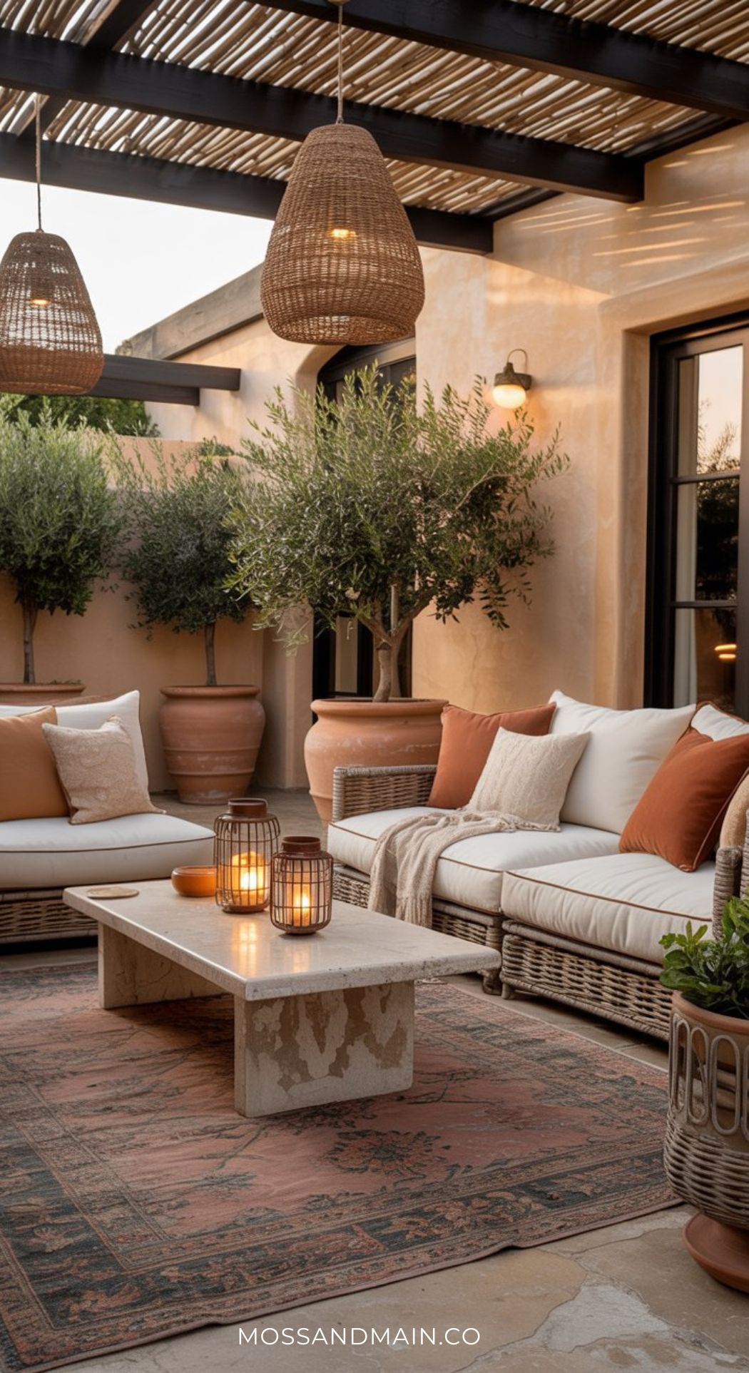 A cozy backyard patio with rattan sofas, terracotta cushions, a stone coffee table, lit candles, large potted plants, Boho patio ideas like woven lanterns, and a shaded pergola overhead create a warm, inviting atmosphere with a touch of luxury.