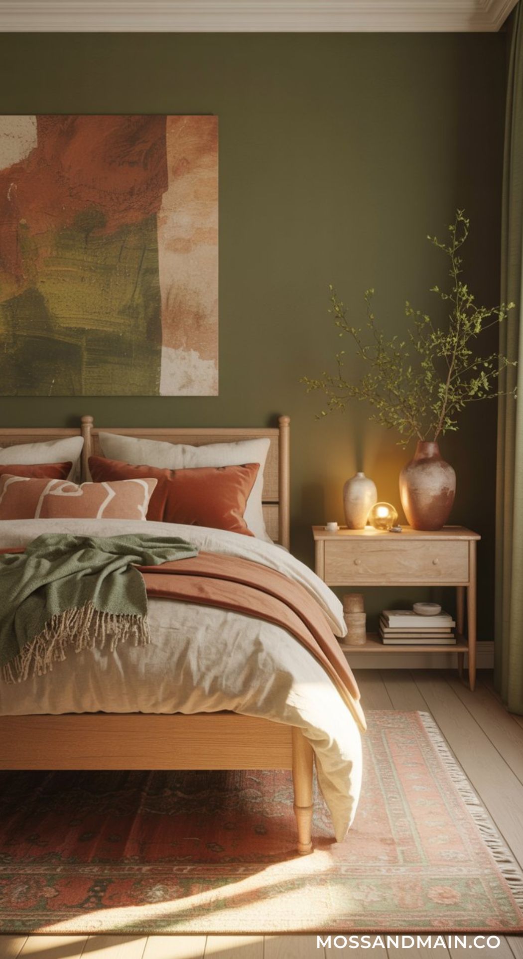A cozy green boho bedroom with earth-toned bedding, a wooden bed, and layered decor. A throw blanket drapes the bed, while a nightstand with a vase of branches and a lit lamp adds warmth. Large abstract art hangs above as sunlight softly illuminates the space.