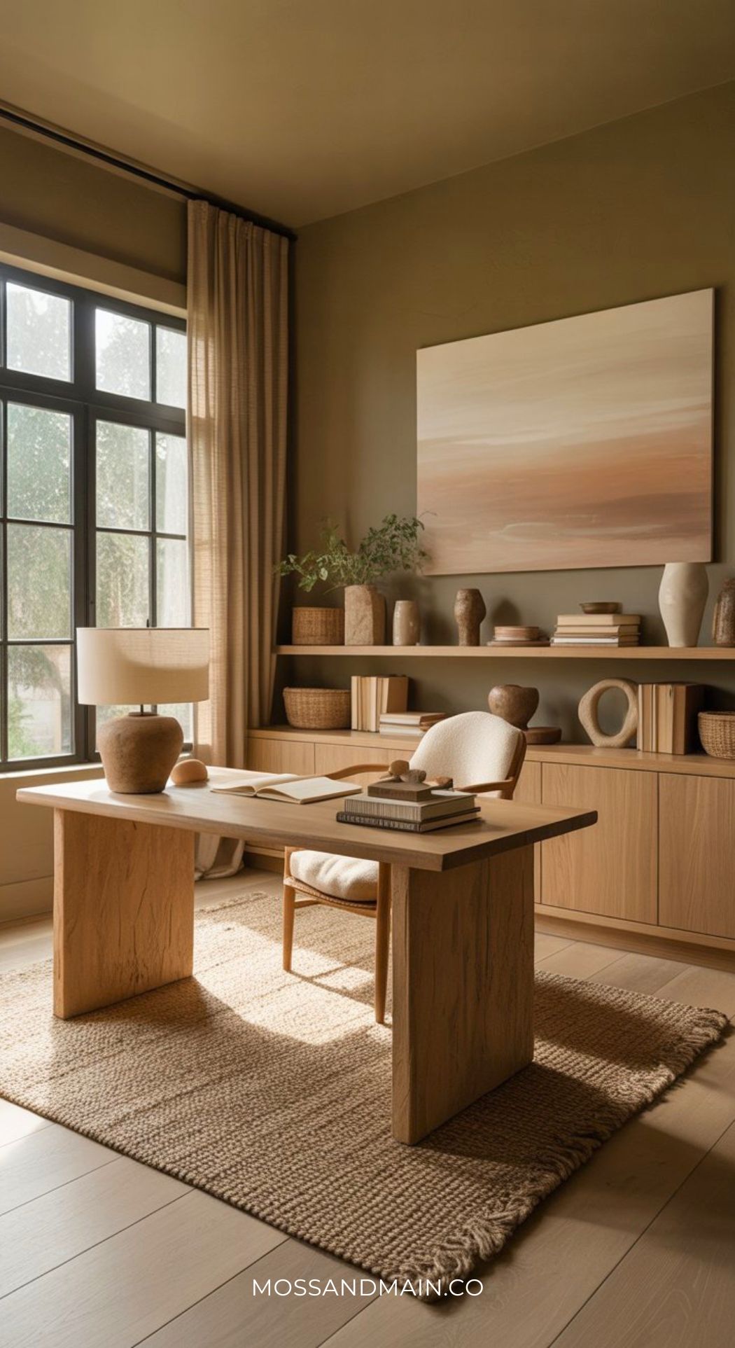 A modern minimalist office design featuring light wood furniture, a simple desk and chair, neutral decor, large window with beige curtains, textured rug, and shelves displaying pottery and books. Soft, natural light fills the room.