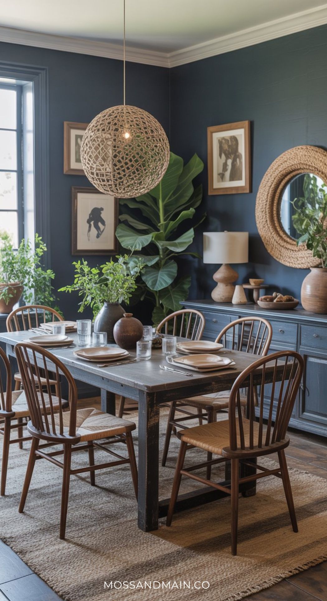 A cozy, moody dining room with a rustic wooden table, six chairs, woven light fixture, framed art on dark walls, lush green plants, and a sideboard with decor and a round mirror. Natural light pours through a large window.