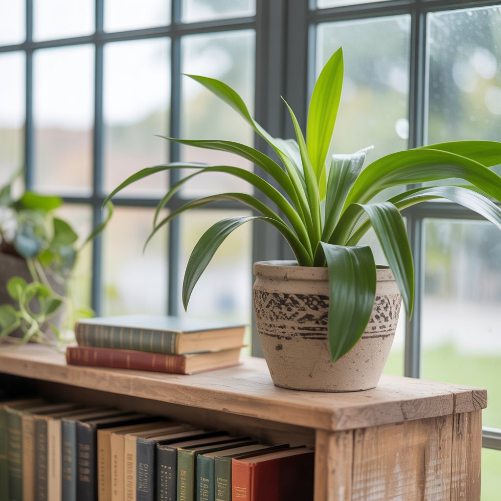 A potted green houseplant sits on a wooden bookshelf next to several stacked books, with more books below. Large windows in the background let in natural light, making it a cozy spot for easy to care for houseplants.