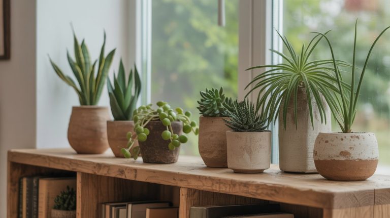 A row of easy to care for houseplants sits on a wooden shelf by a bright window, with green foliage outside. The pots in earthy tones and different sizes add a cozy feel, making these houseplants perfect for any space.