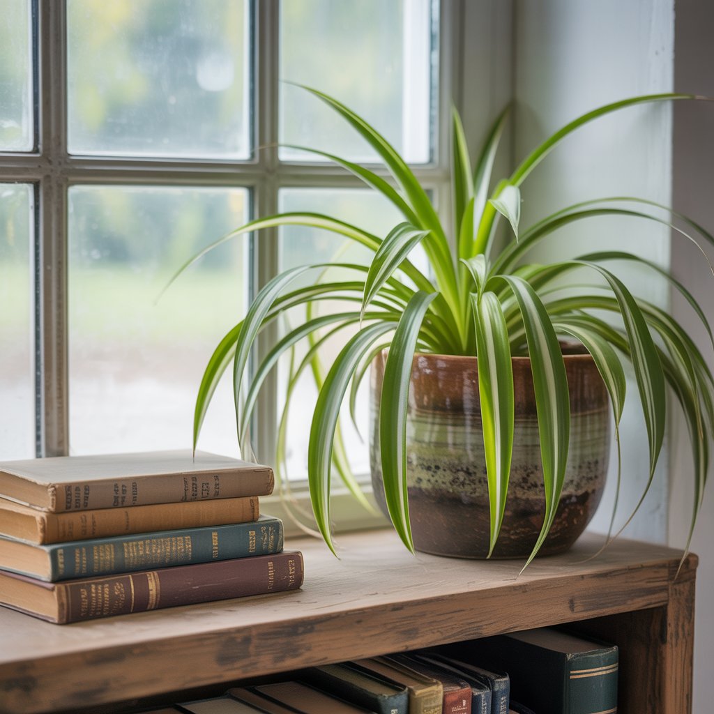 A spider plant—one of the most easy to care for houseplants—sits in a ceramic pot on a wooden bookshelf next to vintage books, basking in natural light from the window.