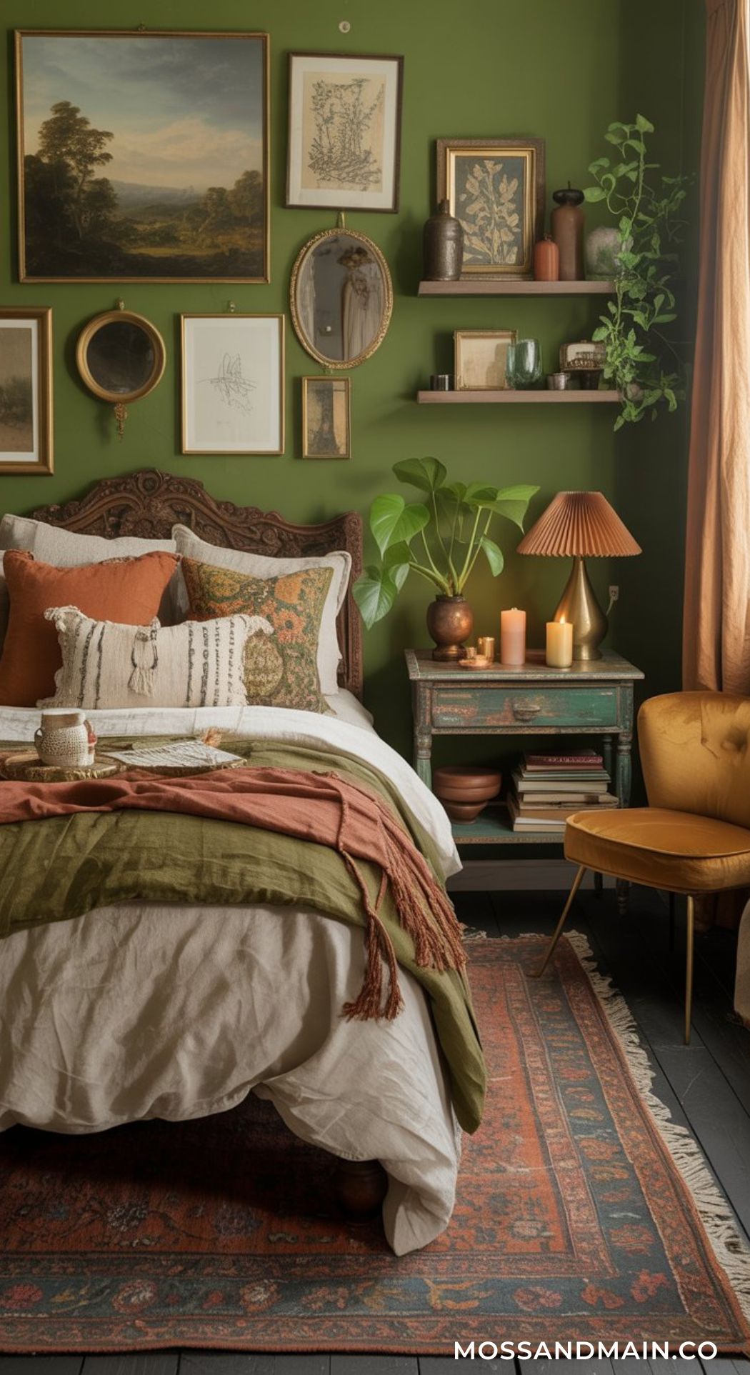 A cozy, layered bedroom with green walls, eclectic framed art, plush pillows and blankets, a vintage nightstand, candles, plants, a gold chair, and a patterned rug creates the perfect warm and inviting green boho bedroom.