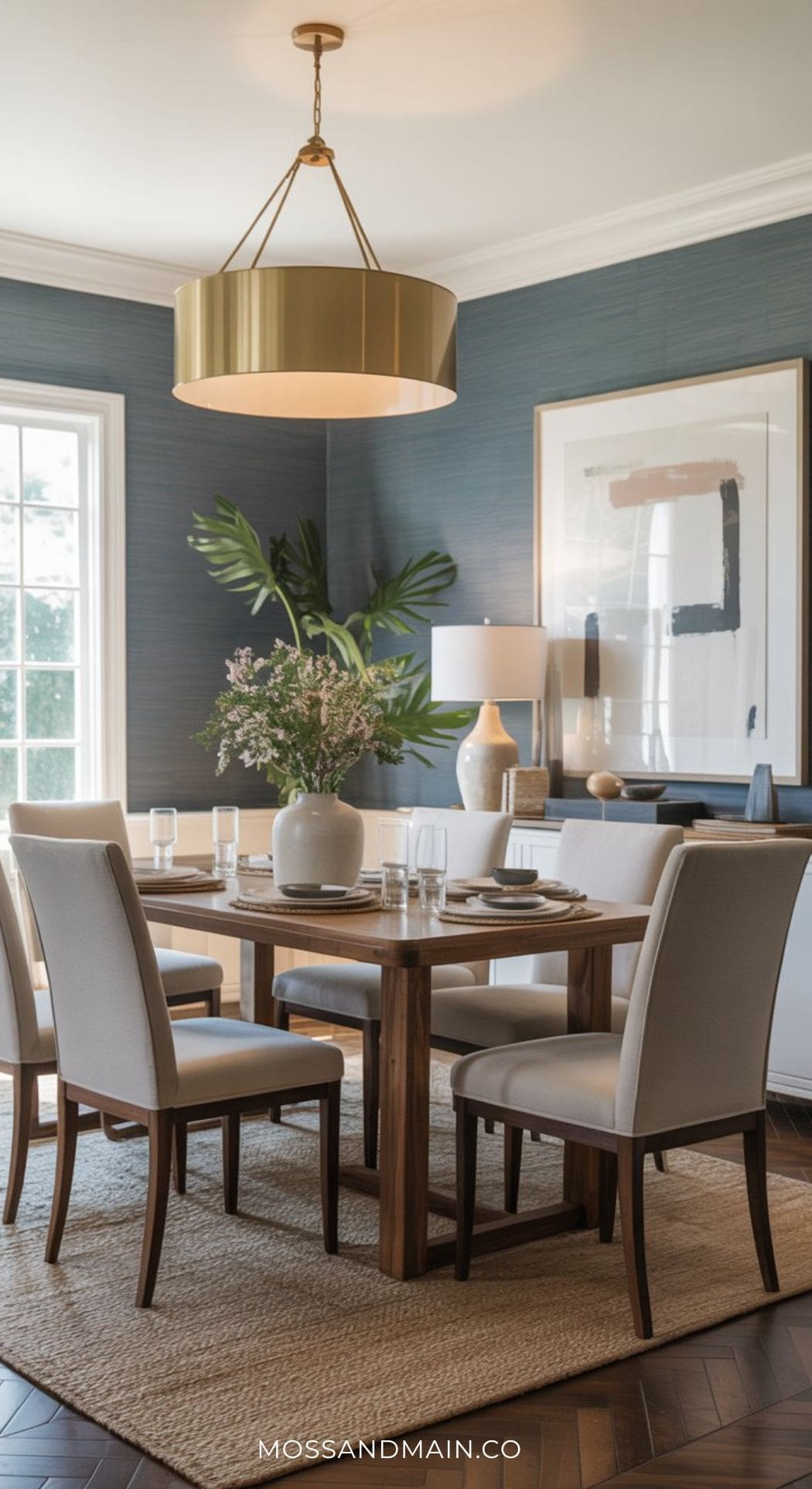 A modern dining room with a wooden table set for four, light upholstered chairs, a large gold pendant light, and wall art. Subtle blue dining room shades add elegance, while greenery and a table lamp complete the look.