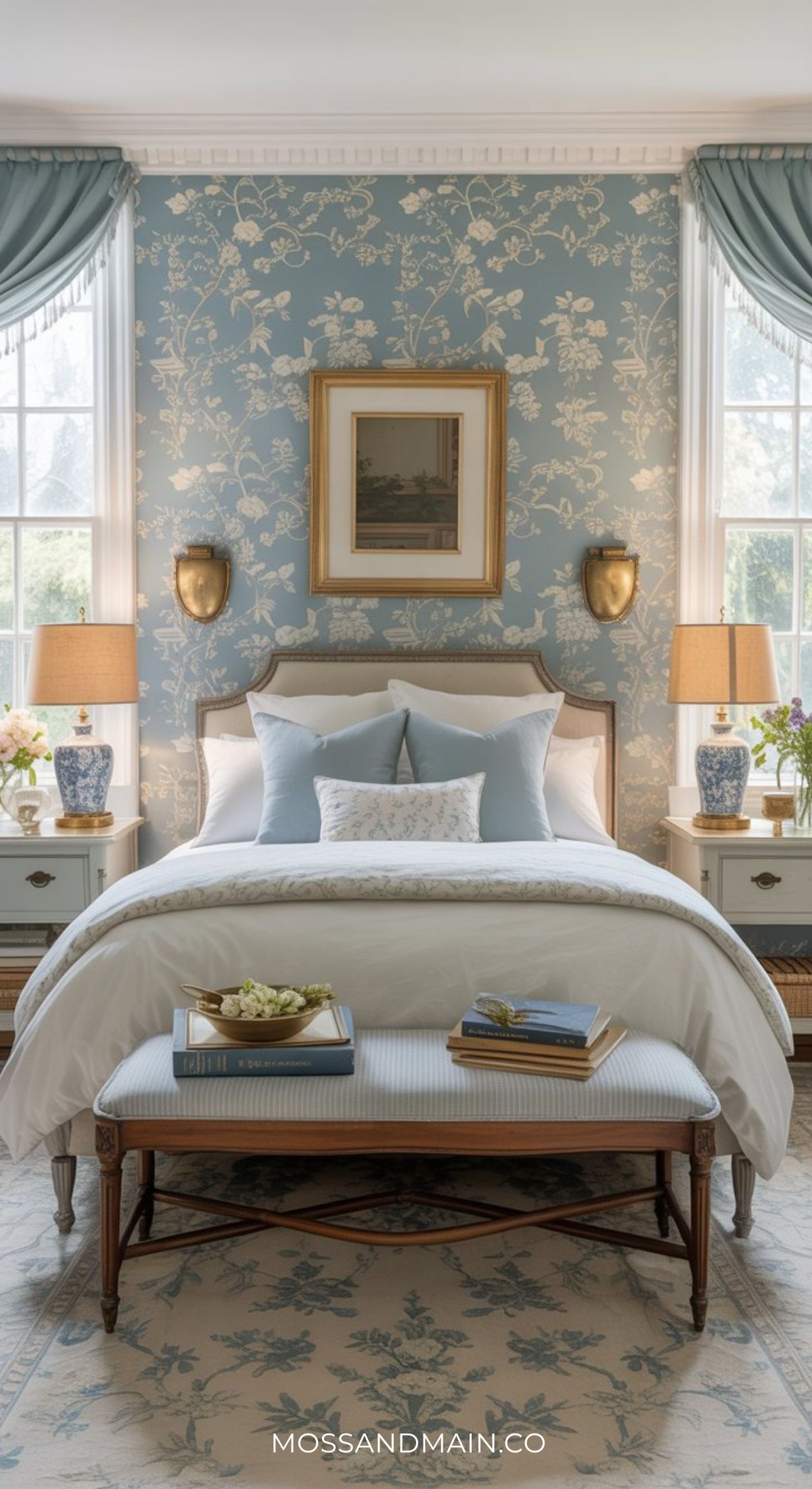 Elegant Bedroom featuring blue floral wallpaper, white and blue bedding, matching pillows, and fresh flowers. A decorative bench and large windows with curtains complete this inspiring Duck Egg Blue Bedroom look.