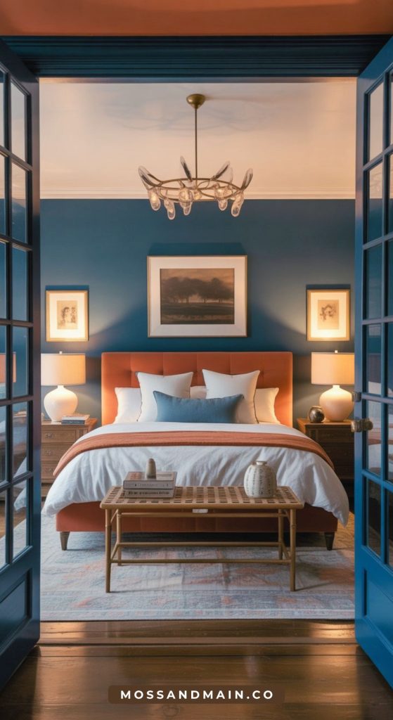 Cozy bedroom with blue walls, an orange upholstered bed, white bedding, and touches of rust and terracotta to spice up bedroom decor—complete with nightstands, framed art above the bed, a modern chandelier, and a wooden bench at the foot.