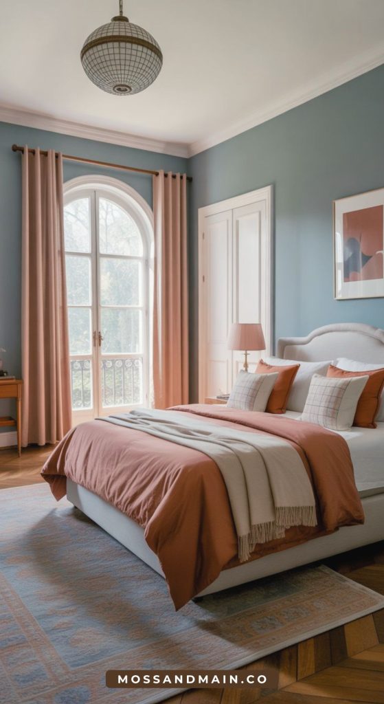 A stylish bedroom with blue walls, rust and terracotta bedding, a large arched window with pink curtains, a white upholstered bed, a pink lamp, wall art, and a soft area rug—perfect inspiration for bedroom decor enthusiasts.