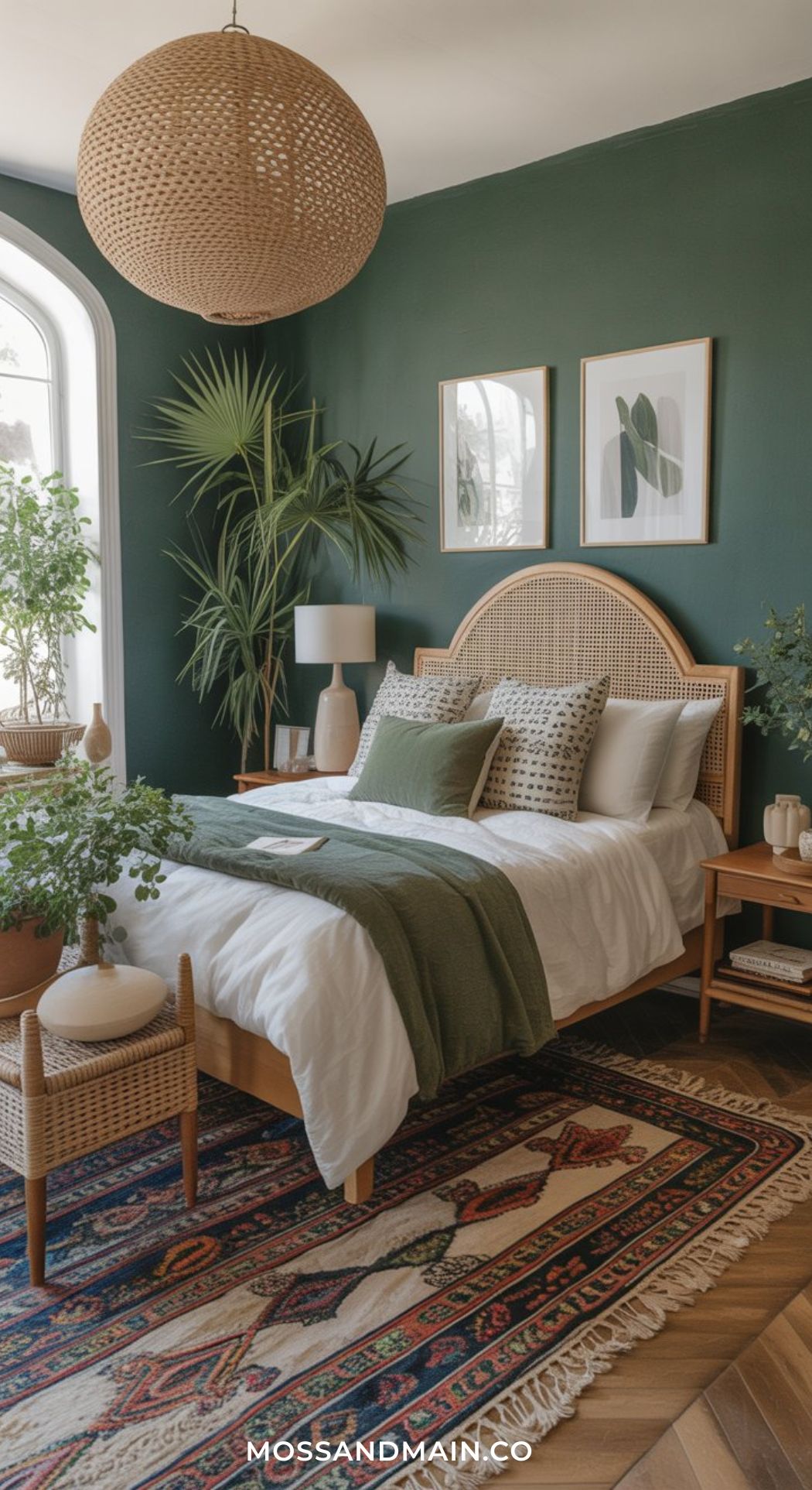 A Green Boho Bedroom featuring green walls, a rattan headboard, leafy plants, abstract art, white bedding with green accents, wooden furniture, and a colorful patterned rug is perfect for those seeking cozy bedroom ideas.