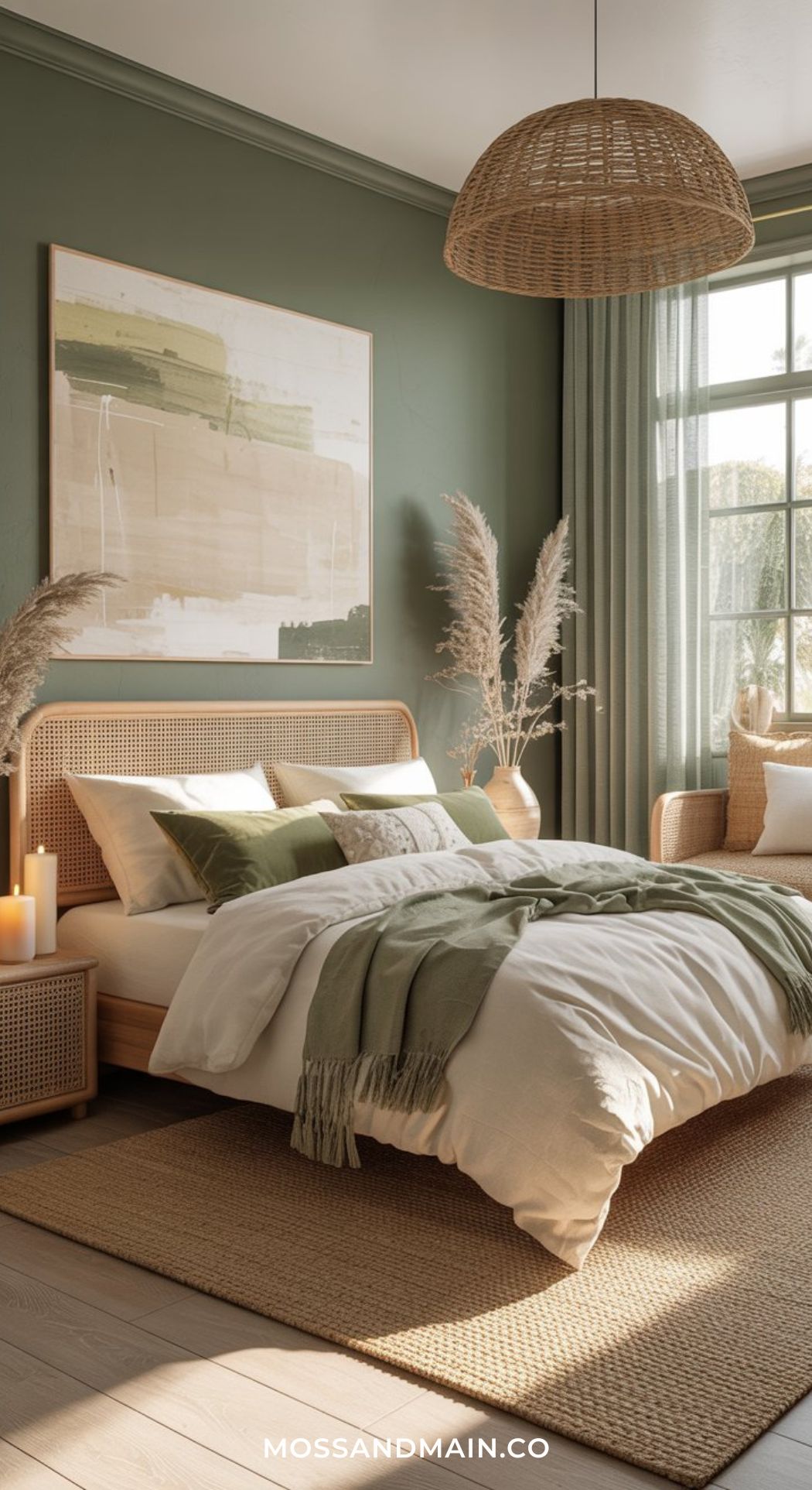 A cozy green boho bedroom features a rattan bed with white and green bedding, a woven rug, pampas grass in vases, candles, a large abstract painting, and sunlight streaming through a window with sheer curtains.