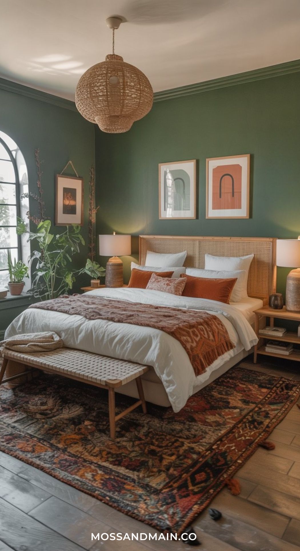 A stylish green boho bedroom with green walls, a woven light fixture, two framed art pieces above a rattan headboard, layered bedding with orange accents, a patterned rug, bench, plants, and soft lighting.