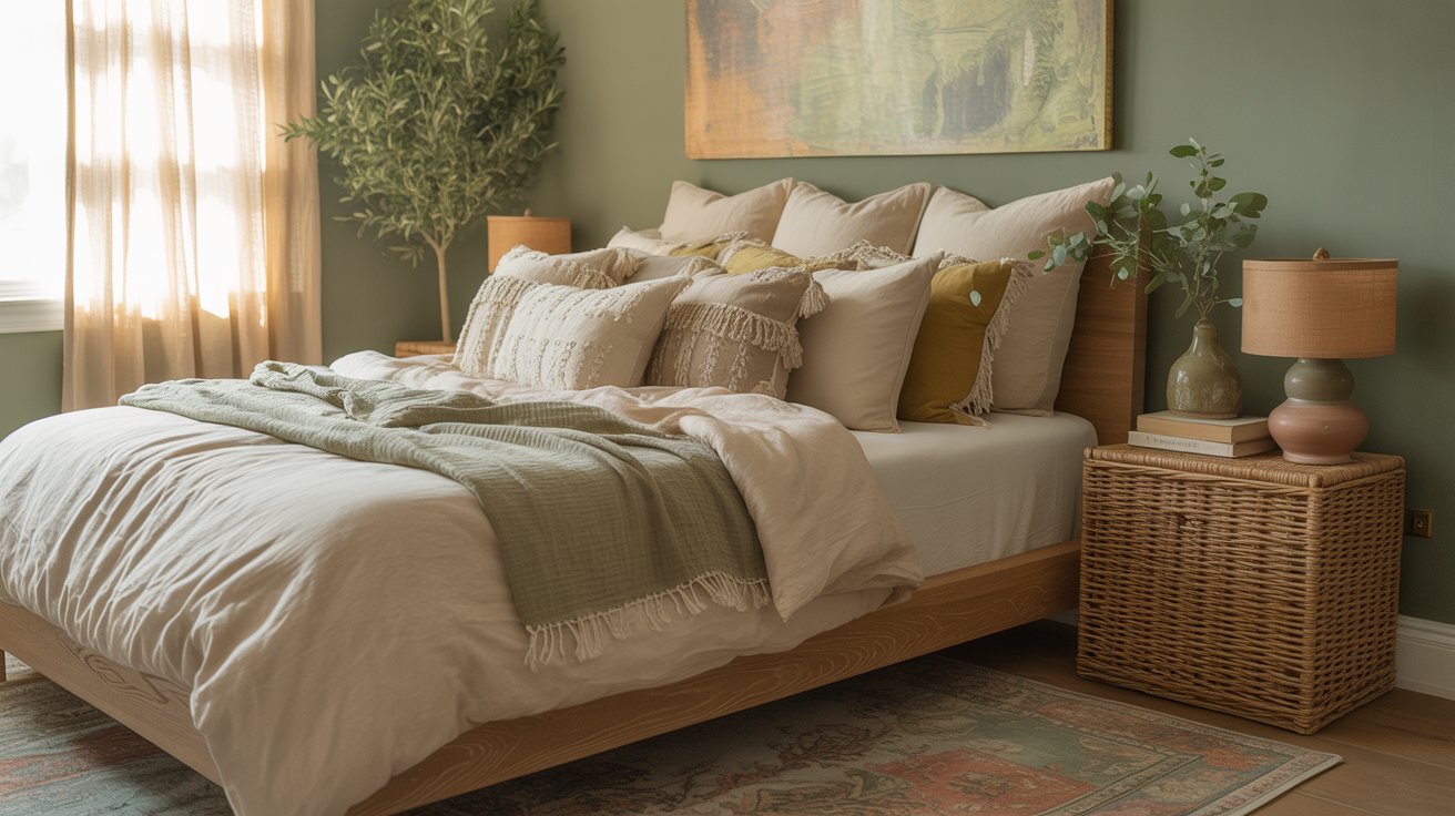 A cozy Green Boho Bedroom with a wooden bed frame, layered neutral and green bedding, decorative pillows, a woven nightstand with a lamp, a potted plant, and filtered sunlight from sheer curtains—perfect for cozy bedroom ideas.