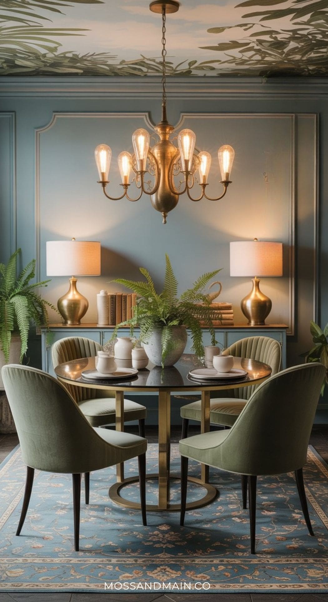 A stylish blue dining room features a round table set for four, green velvet chairs, a gold chandelier, and two gold lamps. Potted plants and books sit on a patterned blue-green rug. Decorative molding adds elegance—perfect for blue dining room ideas.