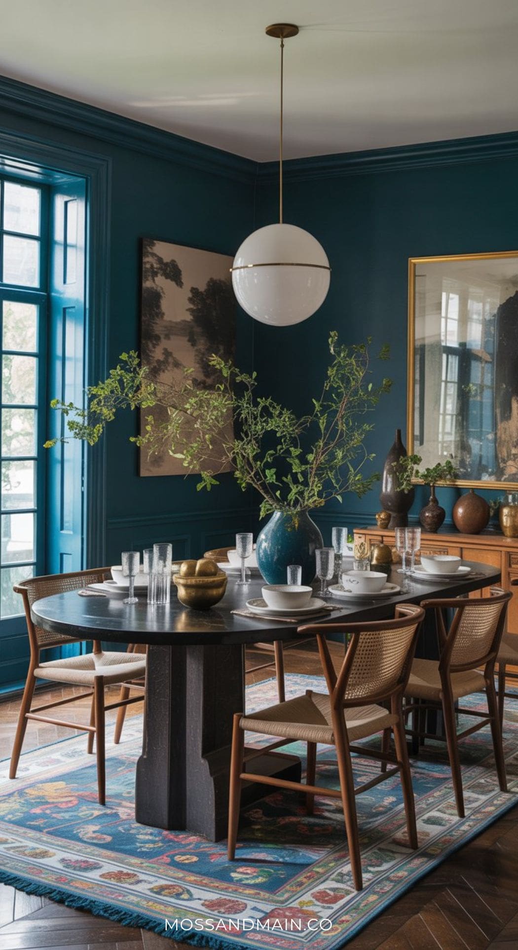 A blue dining room with dark teal walls features a round black table for six, woven chairs, a patterned rug, large wall art, and a globe pendant light. A vase with leafy branches completes these stylish blue dining room ideas.