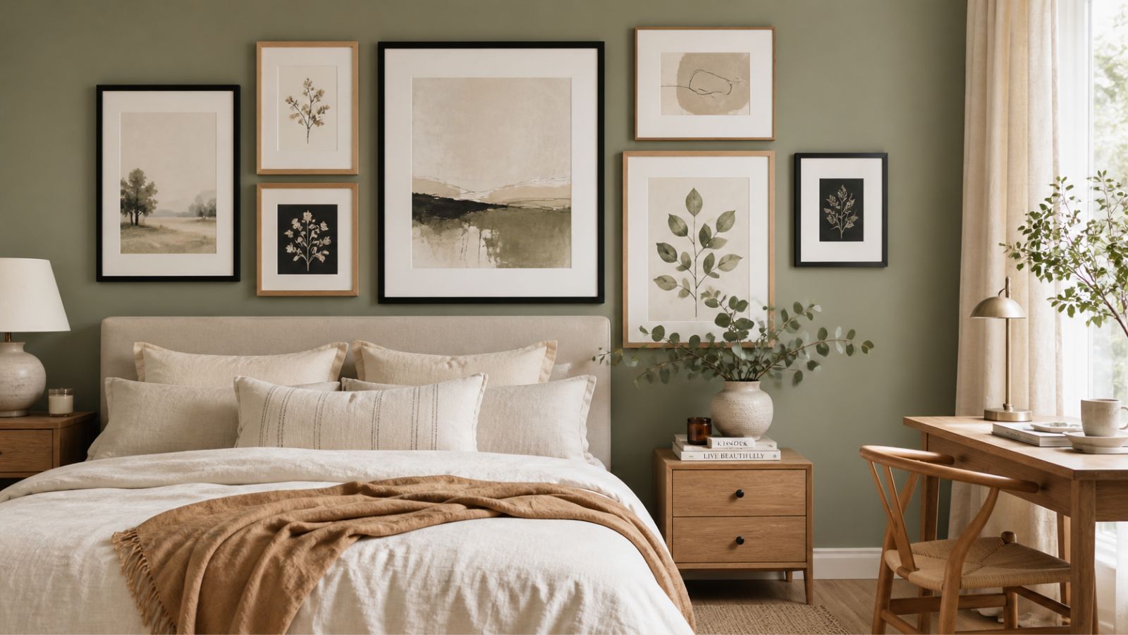 A cozy bedroom with a beige bed, white and tan bedding, wooden nightstands, plants, a gallery wall of framed neutral digital art printing, a wooden desk with a chair, and sheer curtains letting in natural light.