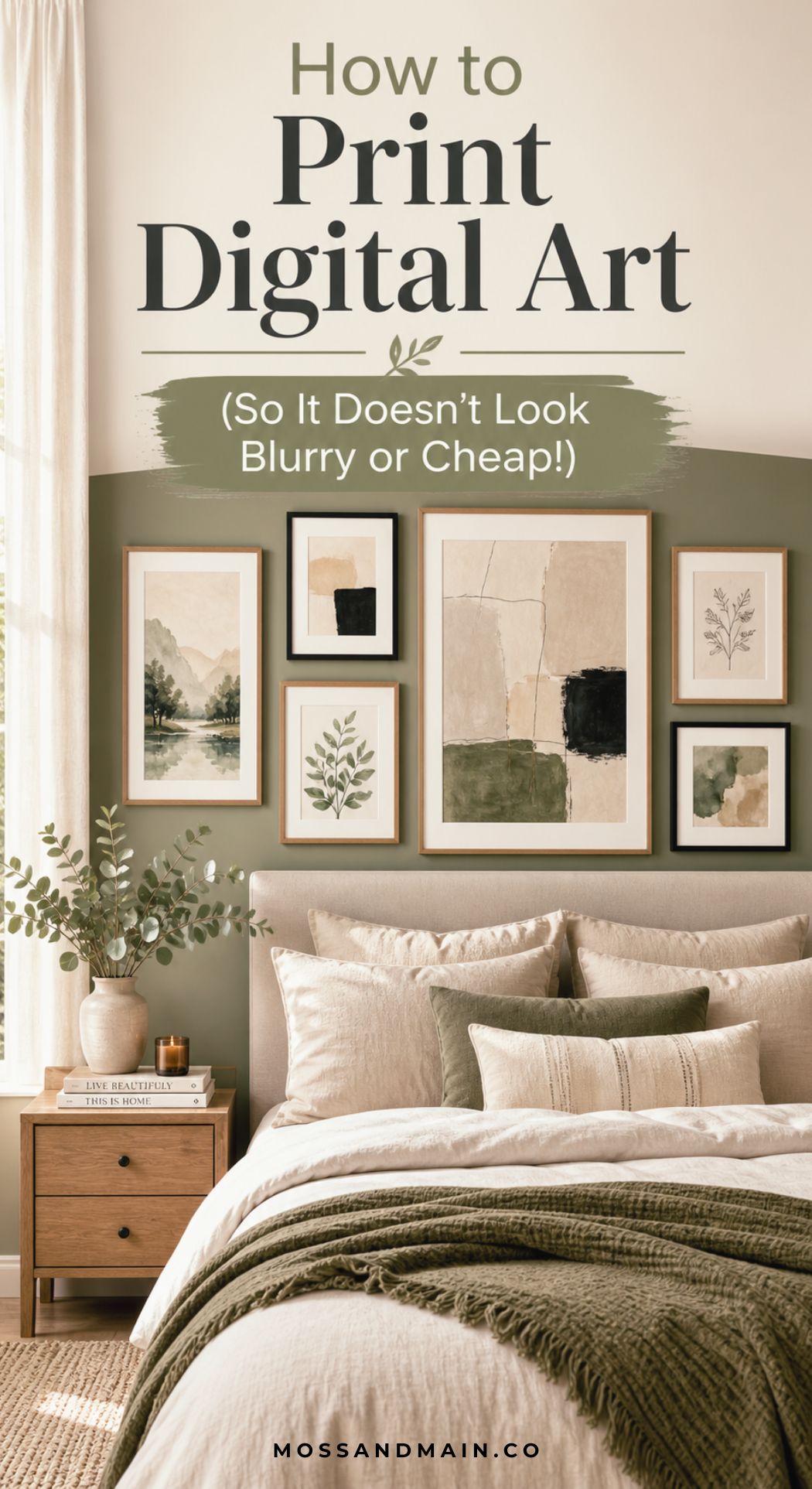 Neutral-toned bedroom with a wooden bed, green and beige bedding, pillows, a nightstand with decor, and a wall display of framed abstract and botanical digital art. Text reads, How to Print Digital Art Not Blurry or Cheap!.