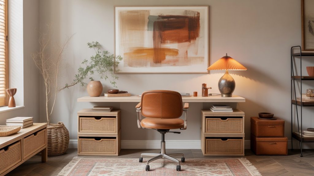 A stylish minimalist home office design features a modern brown chair, a sleek desk with wicker drawers, decorative vases, a warm lamp, abstract wall art, a potted plant, and abundant natural light from the window.