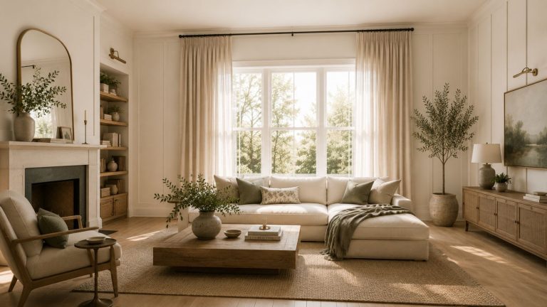 Bright, airy living room with large windows, cream-colored sofa, wooden coffee table, and fireplace. Tall potted plants and vertical decor offer ideas on how to make a ceiling look higher, while sunlight creates an inviting atmosphere.