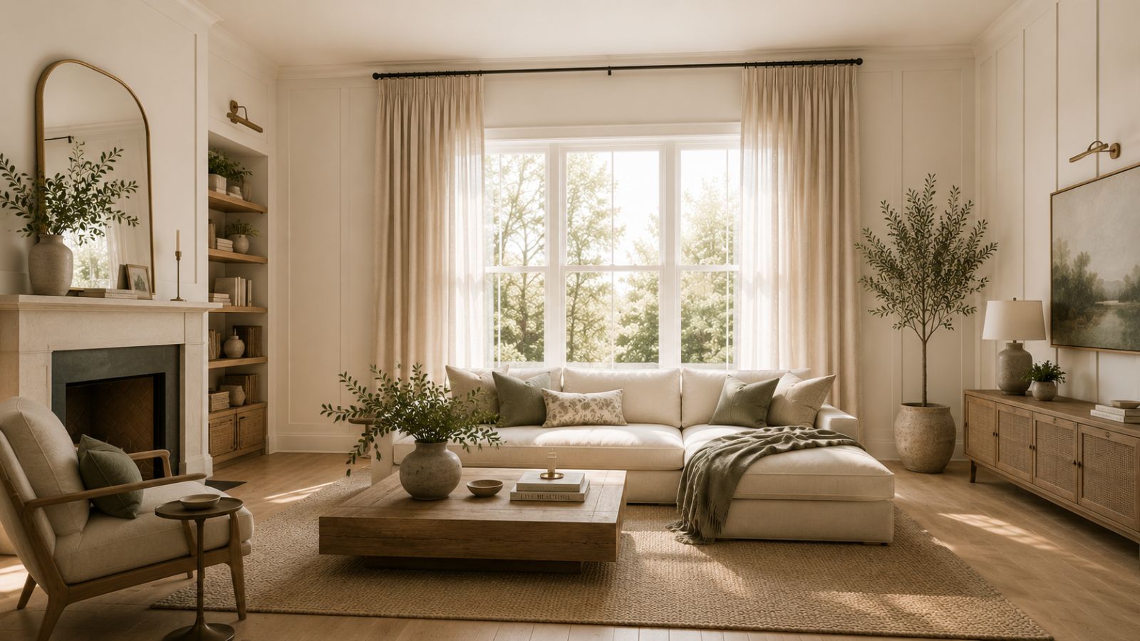 Bright, airy living room with large windows, cream-colored sofa, wooden coffee table, and fireplace. Tall potted plants and vertical decor offer ideas on how to make a ceiling look higher, while sunlight creates an inviting atmosphere.