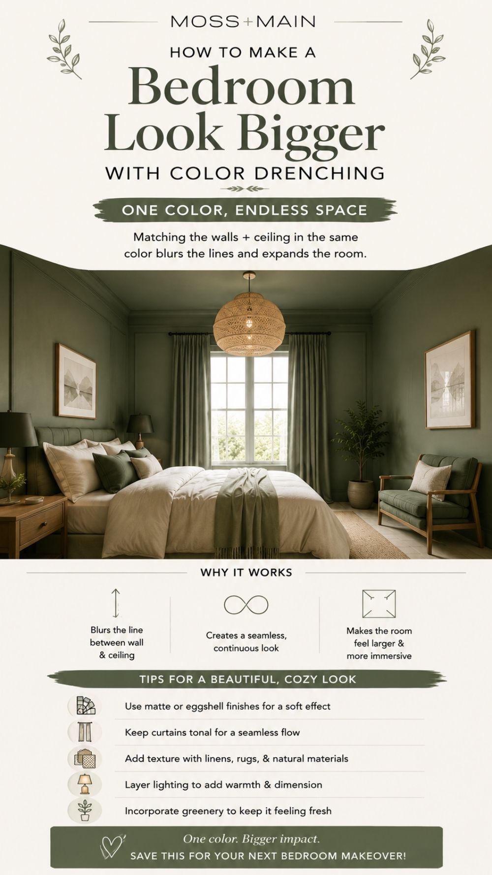 A stylish bedroom with walls and ceiling painted in soft green. Cozy furniture, art, and greenery create a unified look. Infographic text explains how to make a ceiling look higher by using one color throughout, making the room larger and more inviting.