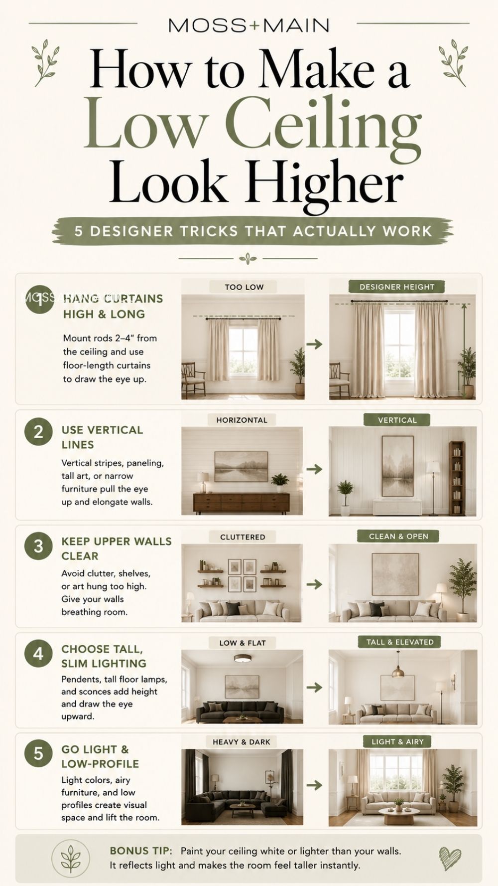 Infographic titled How to Make a Ceiling Look Higher with five illustrated tips, including using tall curtains, vertical lines, keeping upper walls clear, light décor, and low-profile lighting—discover how to make a ceiling look higher instantly.
