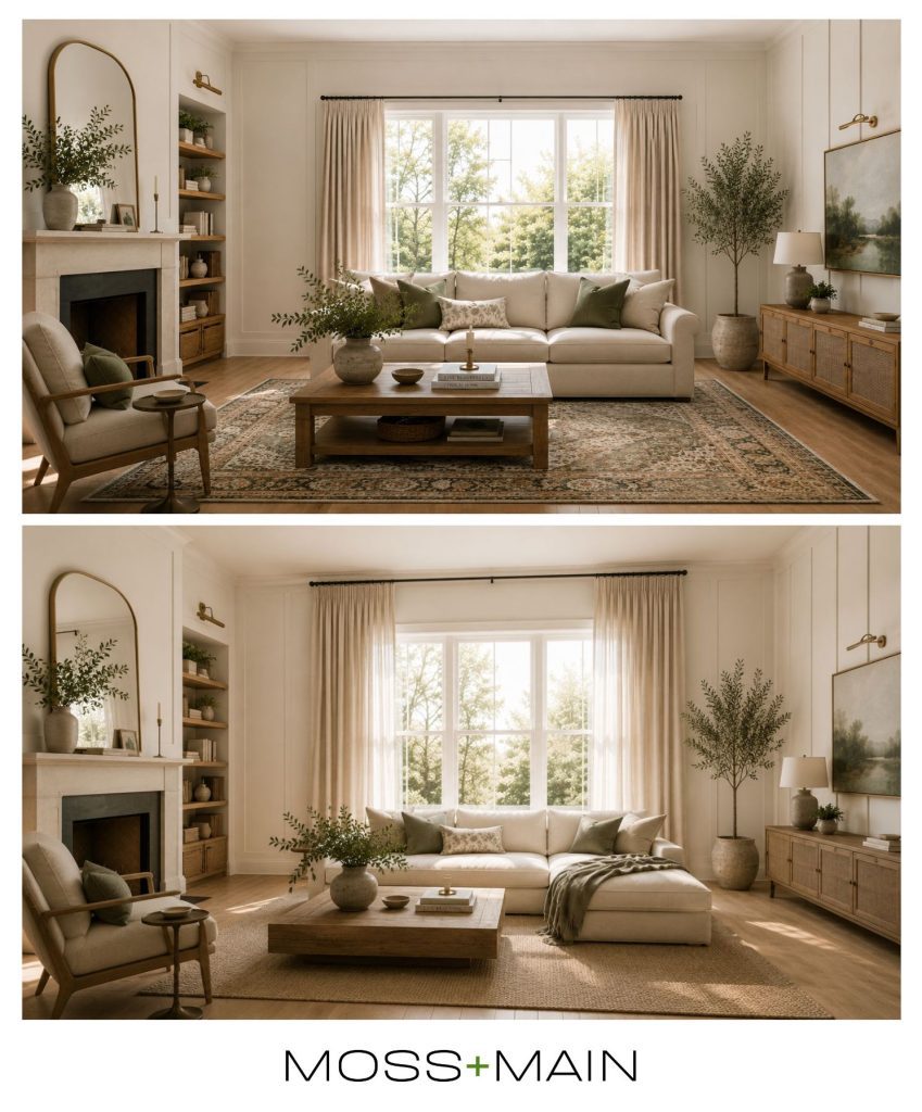 Two living rooms with neutral decor and natural light, each featuring a beige sofa, wooden coffee table, large rug, plants, and wall art. The airy spaces subtly show how to make a ceiling look higher. MOSS + MAIN text below.
