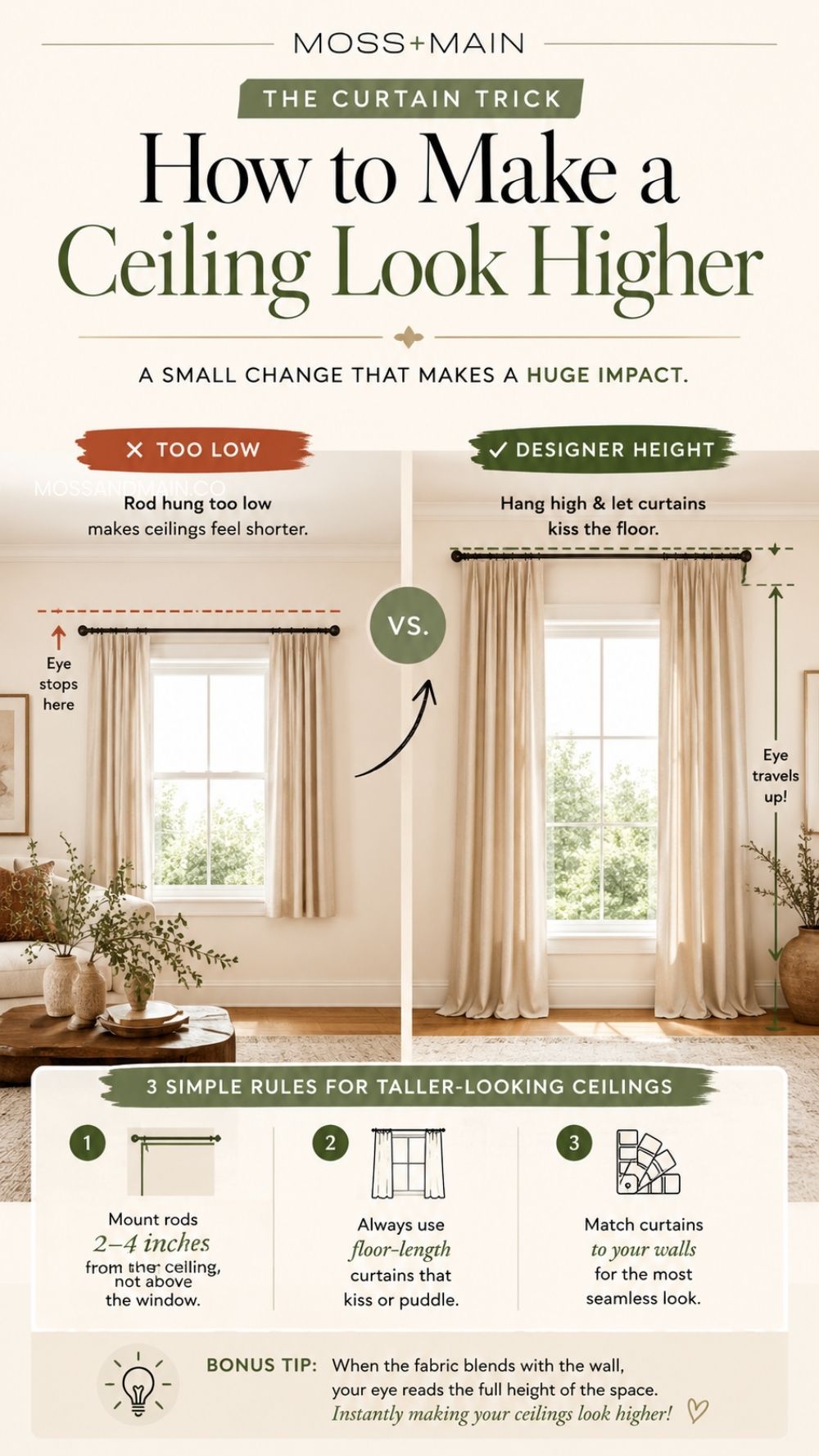 Infographic on how to make a ceiling look higher by hanging curtains closer to the ceiling rather than just above the window. Features three rules for taller-looking ceilings and a bonus tip about choosing curtain fabrics.