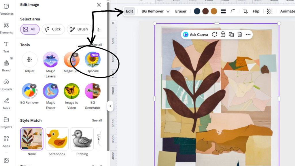 Screenshot of a design tool showing the Upscale option circled with an arrow. On the right, a collage artwork with cut-out shapes and brown leaves appears in the editing area—perfect for learning how to print digital art at high quality.
