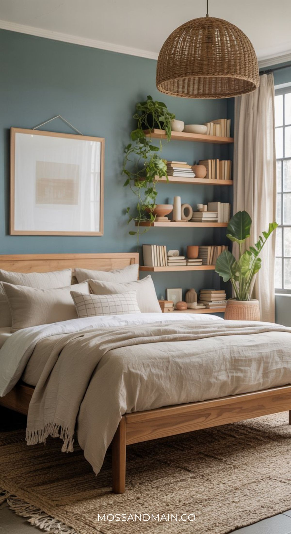 A cozy, elegant bedroom featuring a wooden bed with neutral bedding, green duck egg blue walls, woven rug, floating shelves with books and ceramics, potted plants, a large window with curtains, and a wicker pendant light—perfect for chic bedroom ideas.
