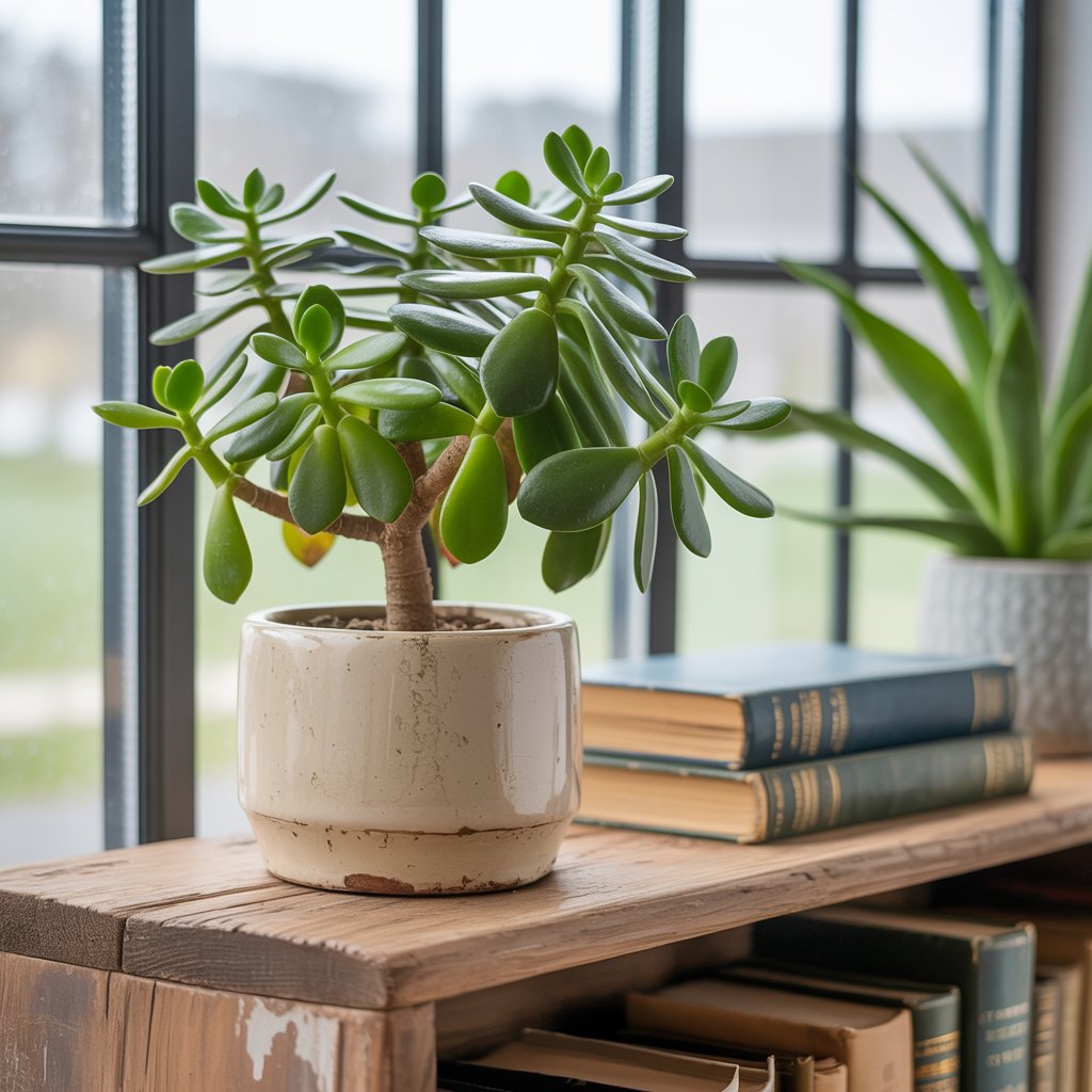 A jade plant in a white ceramic pot sits on a wooden shelf by a window, with stacked books and another potted plant in the background. Natural light streams in, highlighting one of the easiest to care for houseplants in this cozy indoor scene.