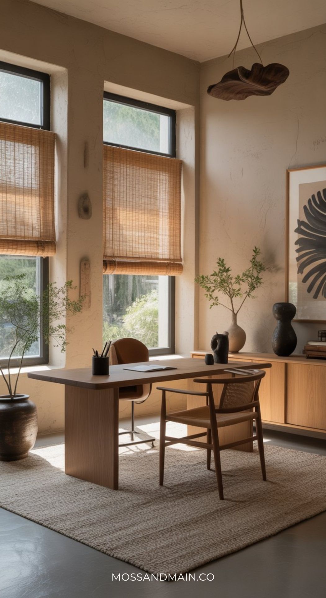 A sunlit home office with large windows, woven blinds, a wooden desk, and minimalist decor showcases modern minimalist office design. Neutral tones, natural textures, and curated art create a calm, warm office design perfect for productivity.
