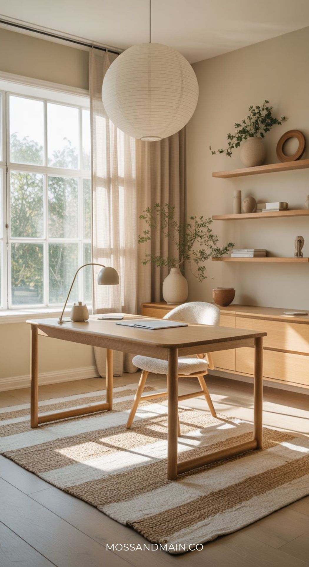 A bright, modern minimalist office with a wooden desk, modern chair, striped rug, and neutral décor offers warm, calm vibes and expensive touches. Shelves with vases, a large window with sheer curtains, and a paper lantern ceiling light inspire fresh office design ideas.