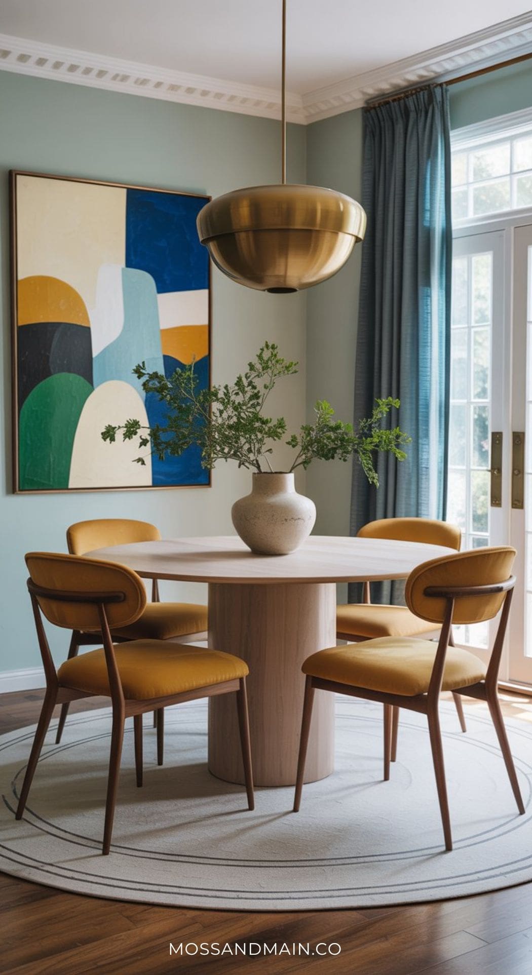 A modern dining area with a round wooden table, four mustard yellow chairs, abstract wall art, and gold pendant light. Dining room shades frame the glass door, inviting natural light into this stylish space.
