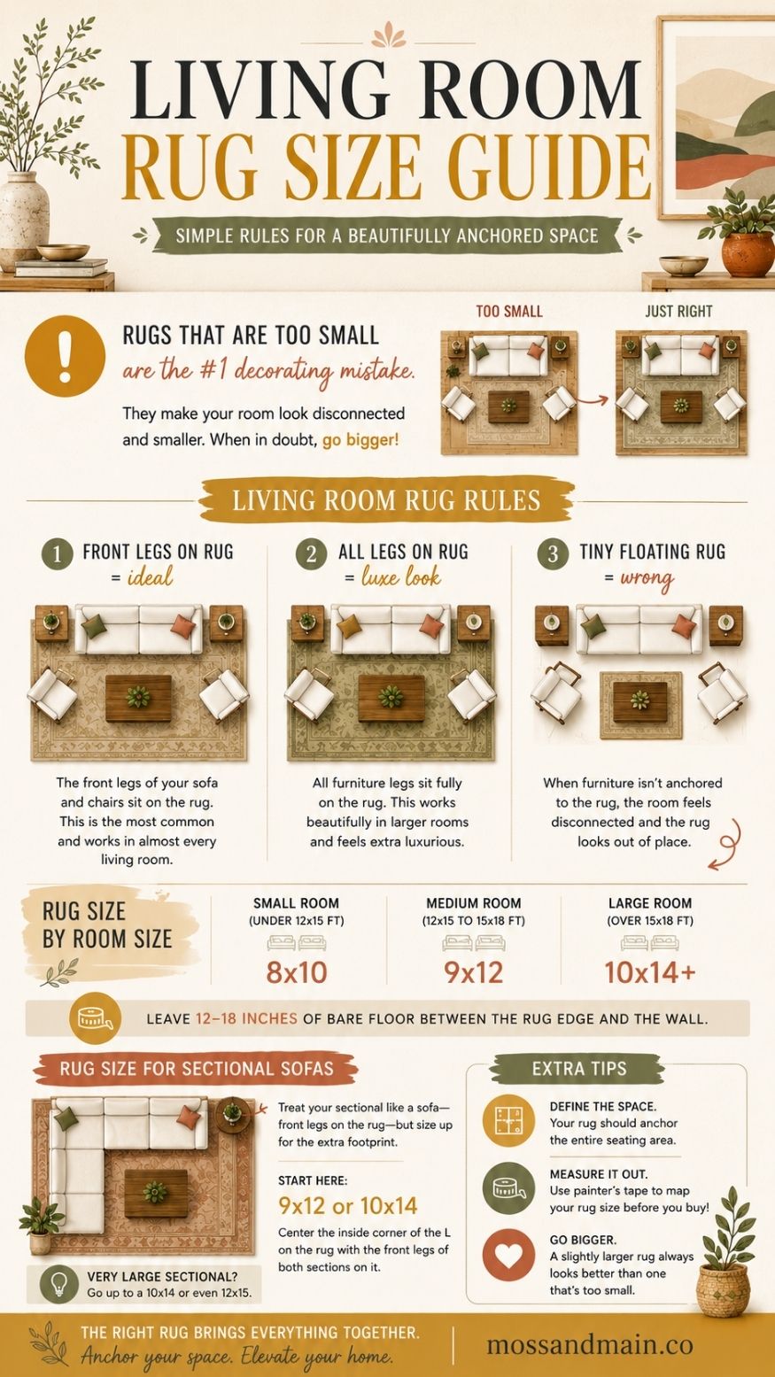 Infographic titled Living Room Rug Size Guide explaining rug placement rules with diagrams, ideal rug sizes by room, and tips for anchoring furniture, plus extra rug size guide tips for choosing and positioning rugs.