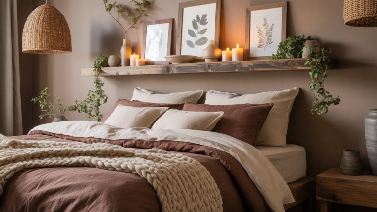 Cozy mocha bedroom with a bed covered in brown and cream bedding, chunky knit blanket, and pillows. Above the bed, a wooden shelf holds candles, plants, and framed botanical prints, creating a perfect slow-living sanctuary.