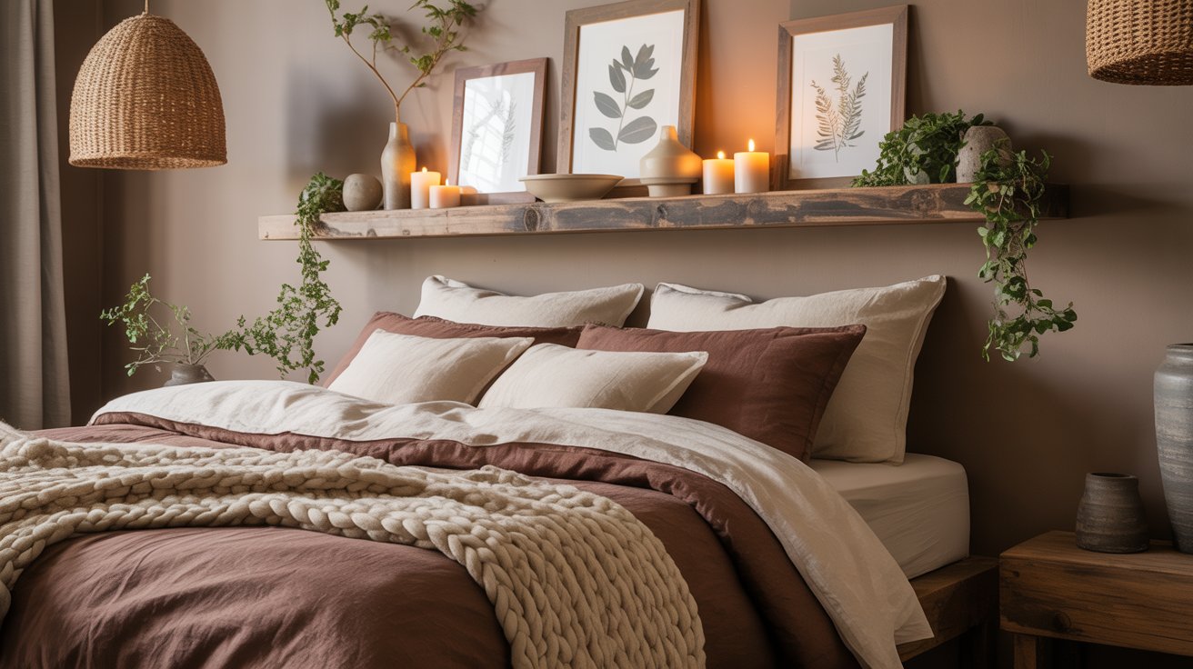 Cozy mocha bedroom with a bed covered in brown and cream bedding, chunky knit blanket, and pillows. Above the bed, a wooden shelf holds candles, plants, and framed botanical prints, creating a perfect slow-living sanctuary.