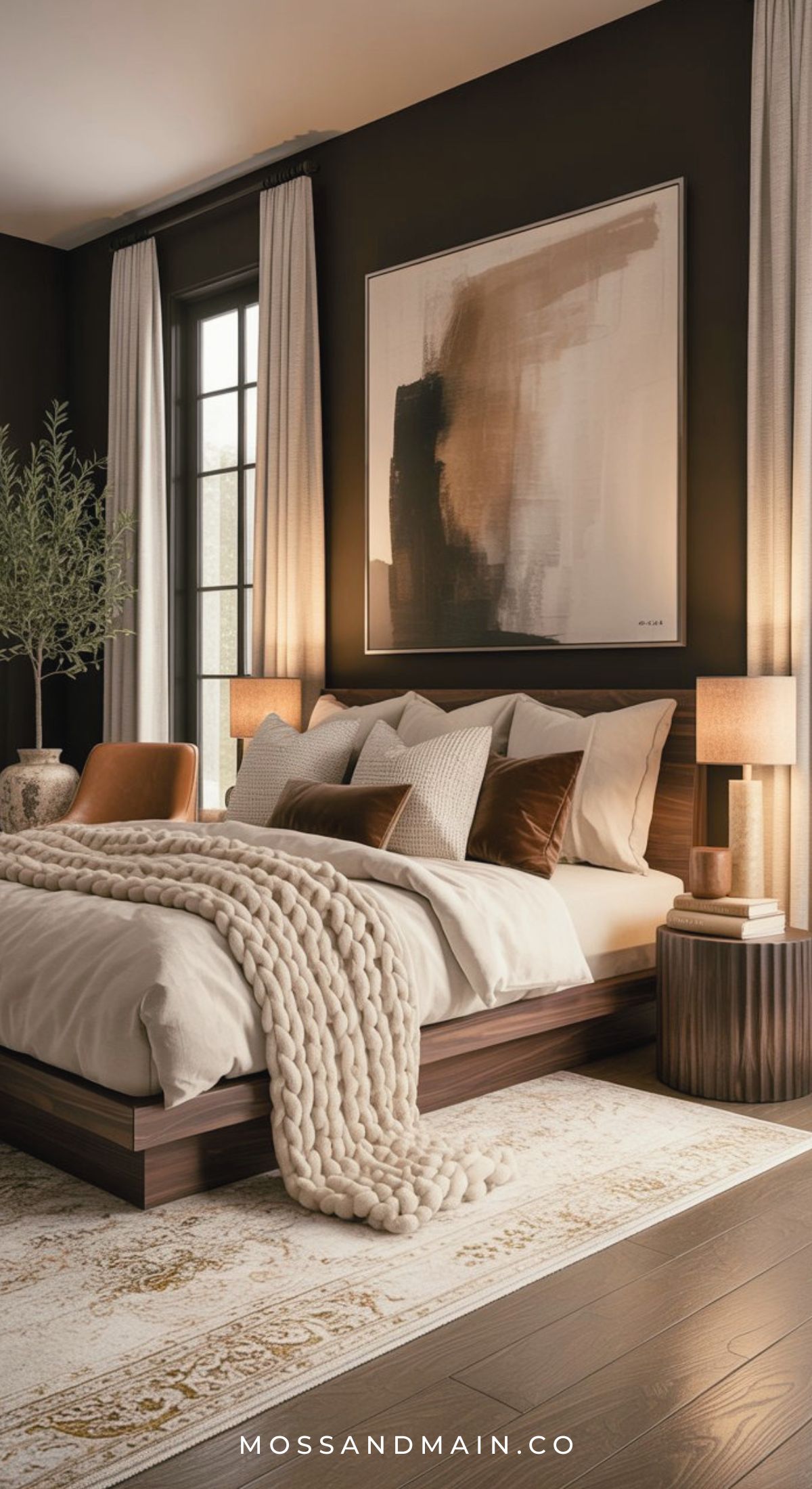 A modern brown and white bedroom with dark walls, a low wooden bed with cream bedding, chunky knit blanket, brown accent pillows, matching nightstands with lamps, large abstract art above the bed, and soft natural light from tall windows.