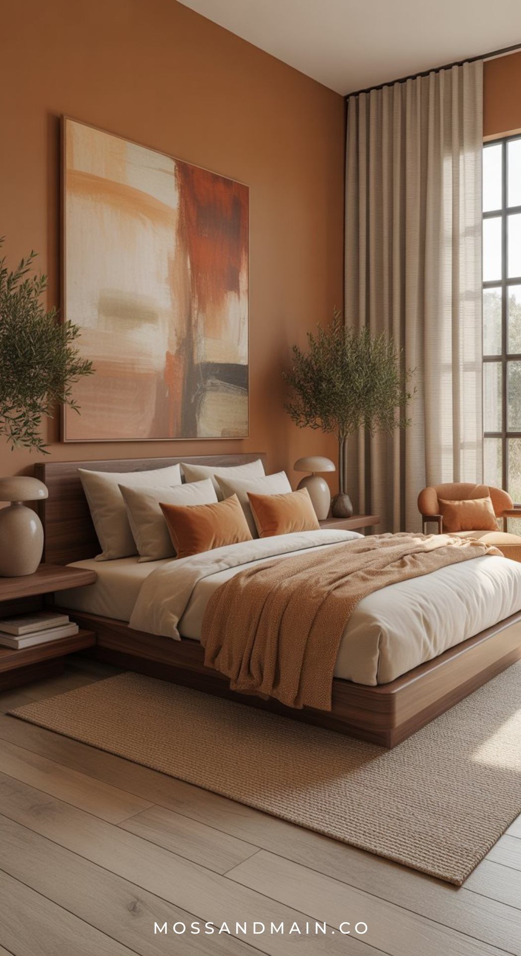 A modern earthy bedroom with warm earth-toned walls, a wooden platform bed with rust-colored bedding, large abstract art above the headboard, potted plants, and sunlight streaming through tall windows.