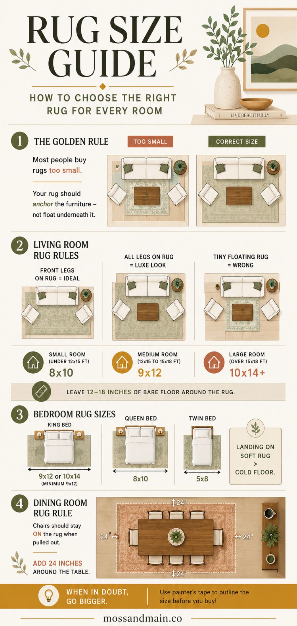 Infographic titled Rug Size Guide with illustrated room layouts and expert rug size guide tips for choosing rugs in living rooms, bedrooms, and dining rooms, showing correct and incorrect rug placements for each room style.