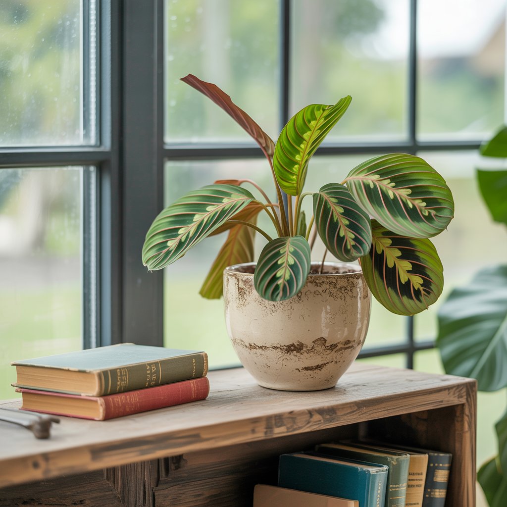 A potted prayer plant, known for being an easy care houseplant, sits on a wooden shelf beside a stack of books, next to a window with a garden view outside.