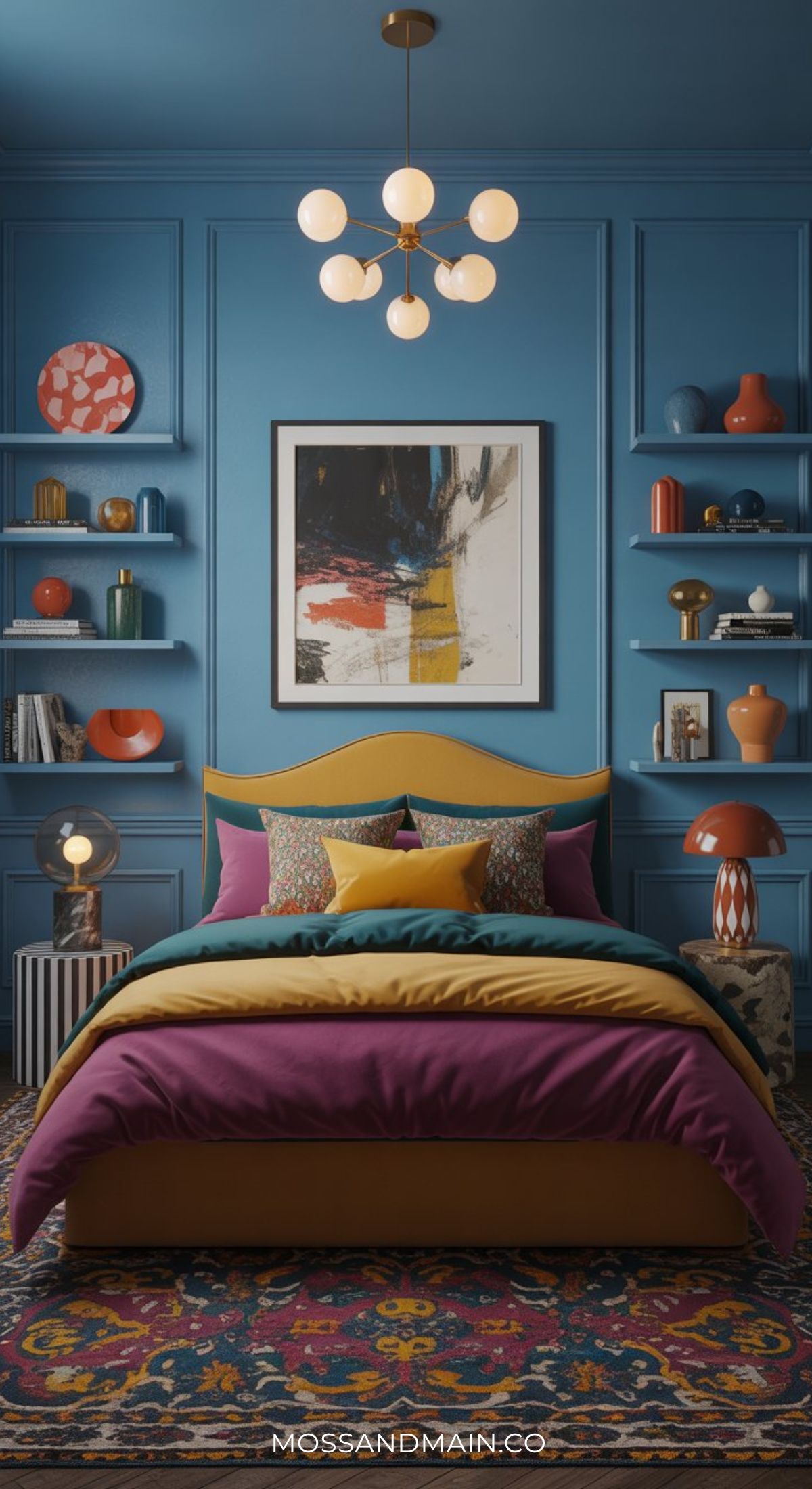 An elegant bedroom with duck egg blue paneled walls, a colorful abstract painting over the bed, vibrant bedding in mustard, teal, and magenta, built-in shelves with decorative vases, and a modern chandelier overhead.