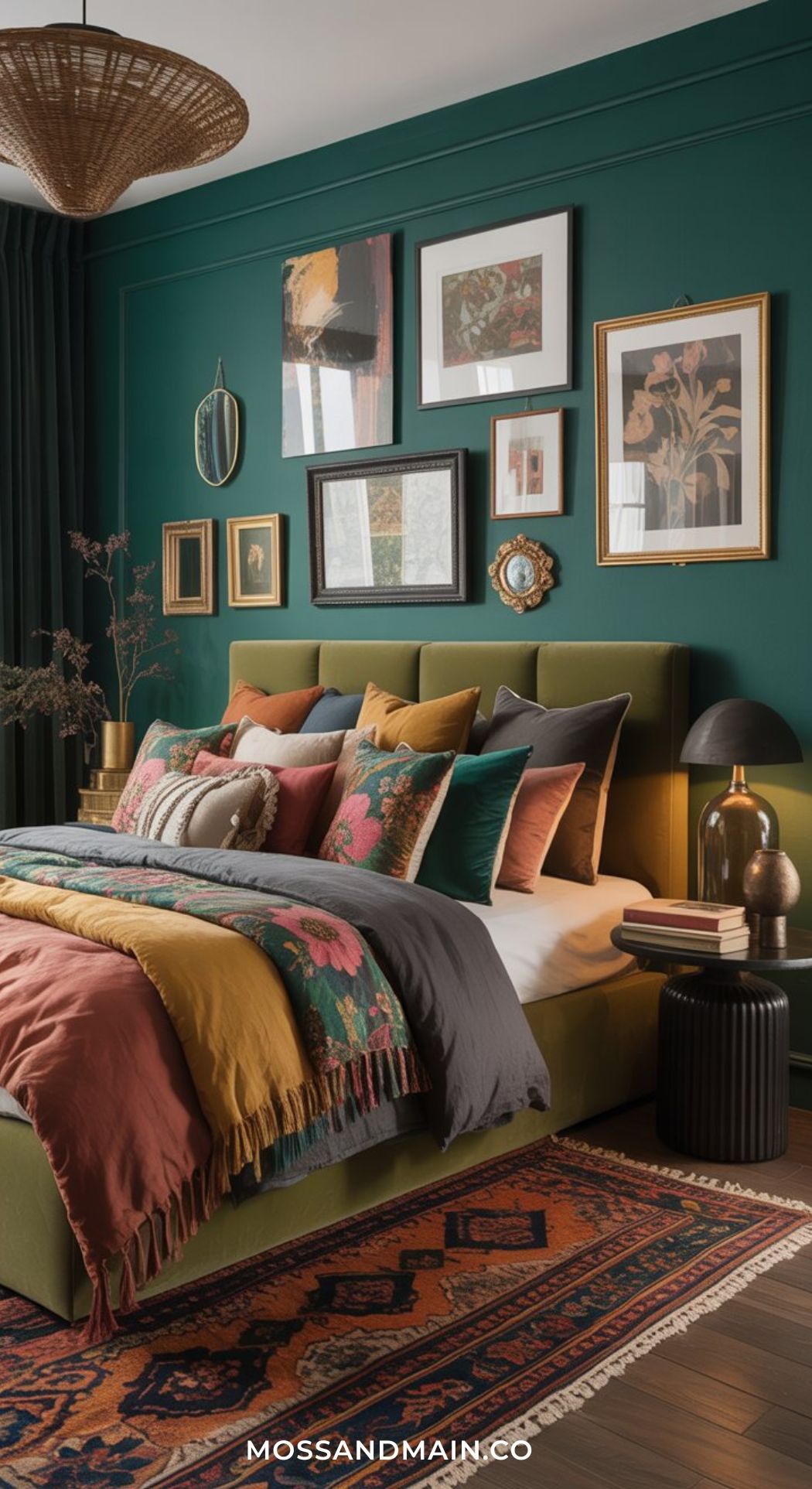 A stylish Green Boho Bedroom with a green accent wall, an emerald upholstered bed layered with colorful pillows and blankets, a gallery of framed art above the bed, and a patterned rug on wooden floors. Warm lighting and plants add coziness.